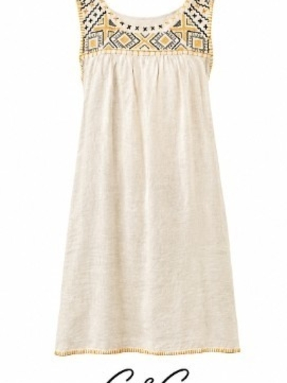 C&C California Cream Sleeveless Dress with Yellow & Black Embroidered 100% Linen
